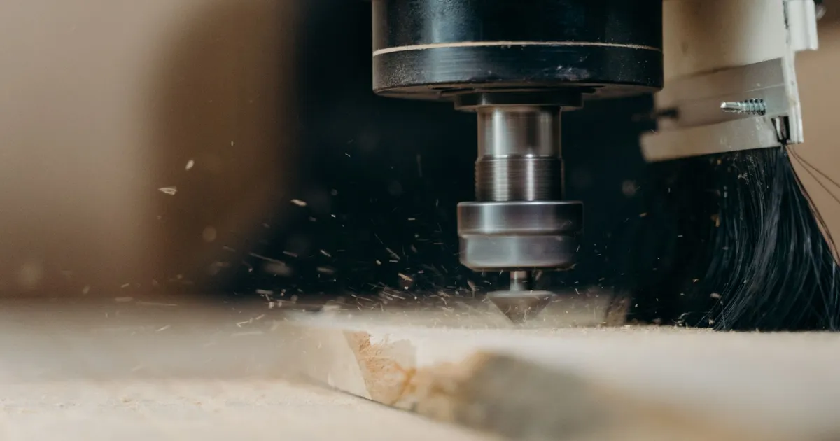 CNC router spindle with a conical bit cutting a wooden panel with chips flying, typical of CNC wood machining in Vietnam